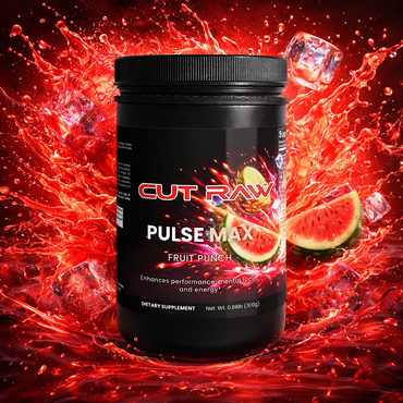 Pre-Workout Supplement container labeled 'Cut Raw Pulse Max' with watermelon slices on a red splash background