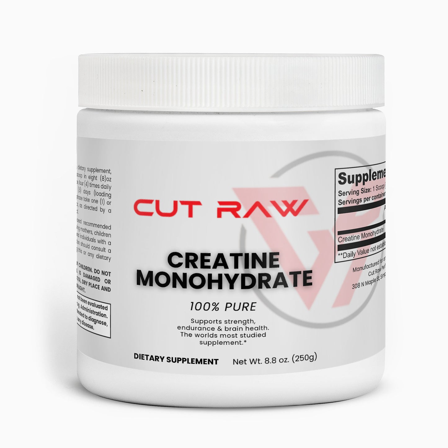Creatine muscle building supplement Container of Cut Raw Creatine Monohydrate on a white background