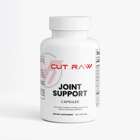Joint Support Pain relief Supplement bottle labeled 'Cut Raw Joint Support' on a white background