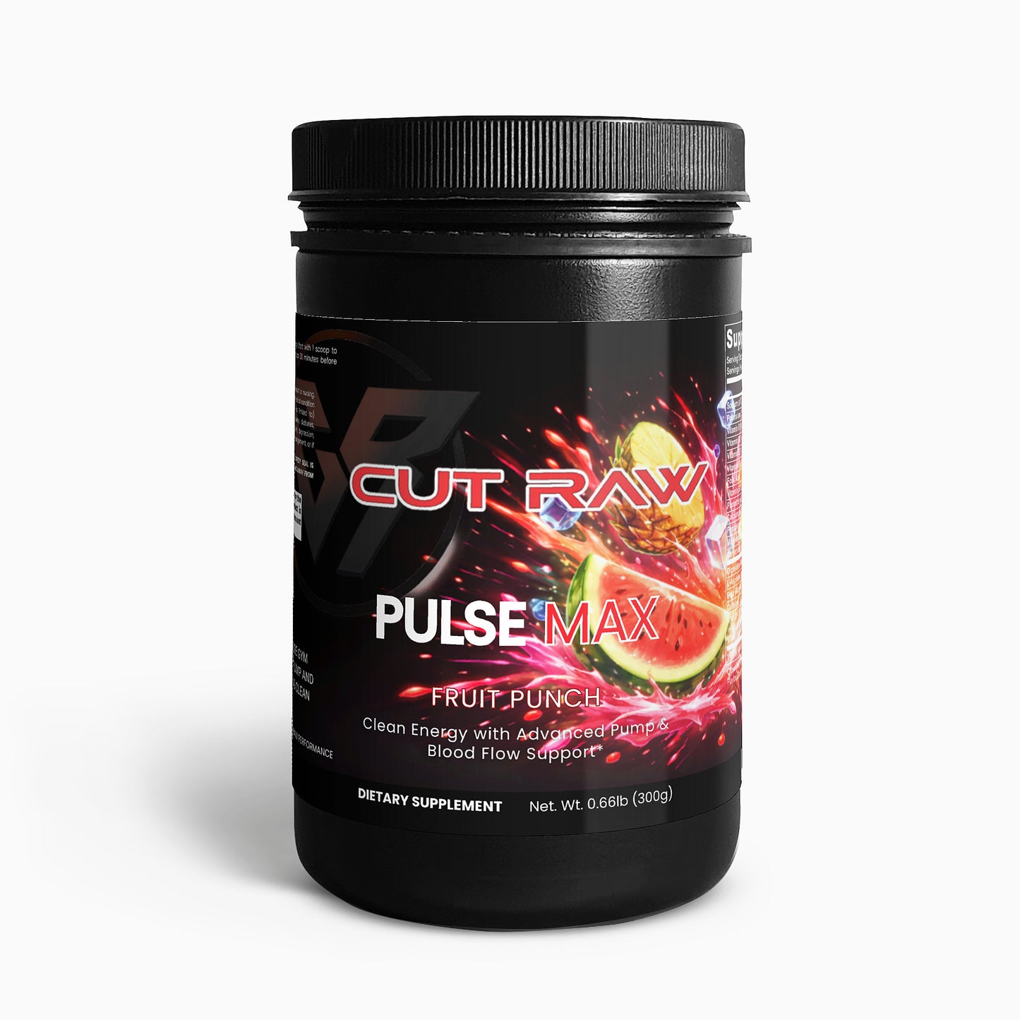 Pre-Workout supplement container labeled 'Cut Raw Pulse Max' with fruit punch flavor on a white background