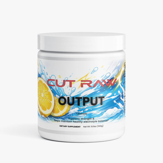 Supplement container labeled 'Cut Raw Output' with lemon graphics on a white background
