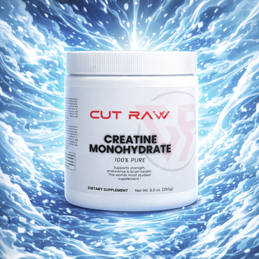 Creatine Monohydrate Supplement container labeled 'CUT RAW' on a swirling blue and white background