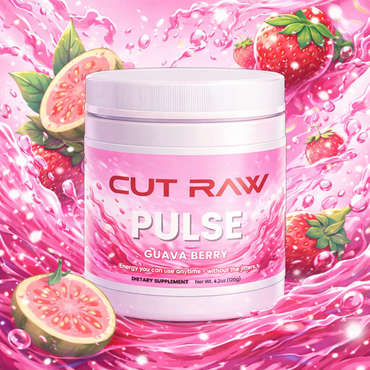 CUT RAW Pulse Guava Berry supplement container with guava and strawberry graphics on a pink background