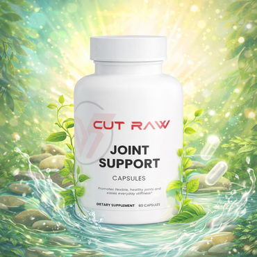 Cut Raw Joint Support capsules bottle with a natural background