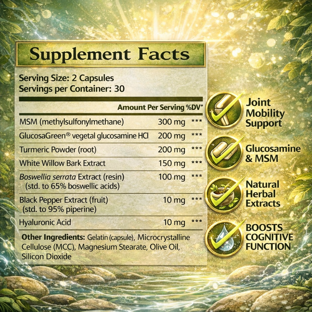 Joint Support pain relief Supplement facts label with natural background