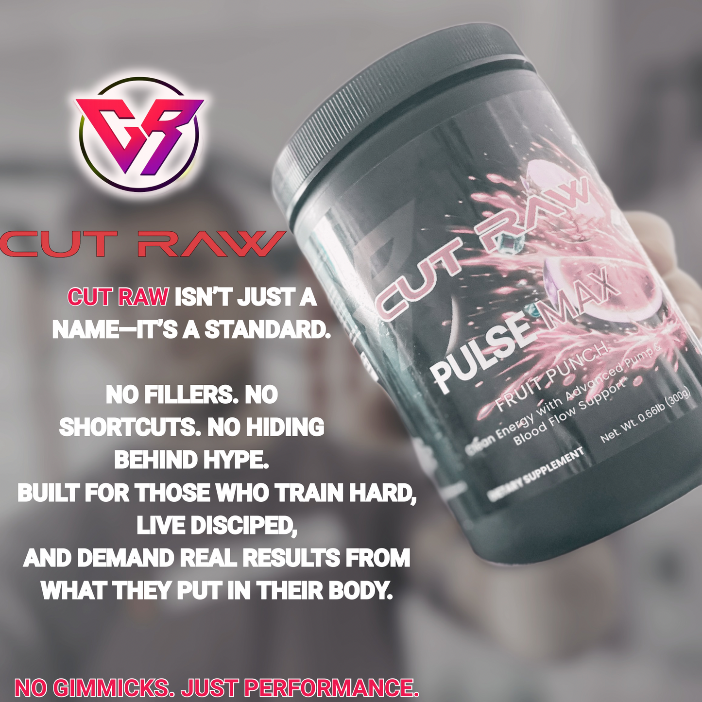 Pre workout Supplement container labeled 'CUT RAW' with company mission statement text on a blurred background