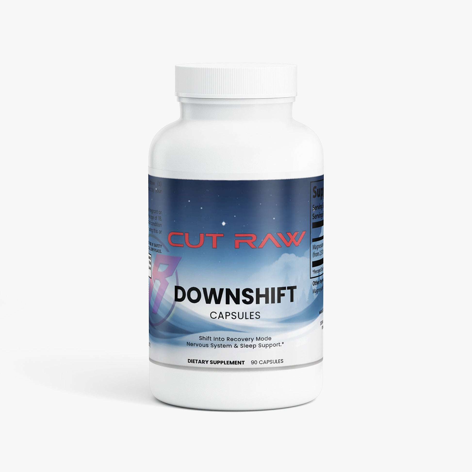 Magnesium Supplement bottle labeled 'Cut Raw Downshift' on a white background