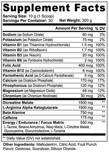 Pre-workout Supplement facts label with detailed nutritional information on a white background
