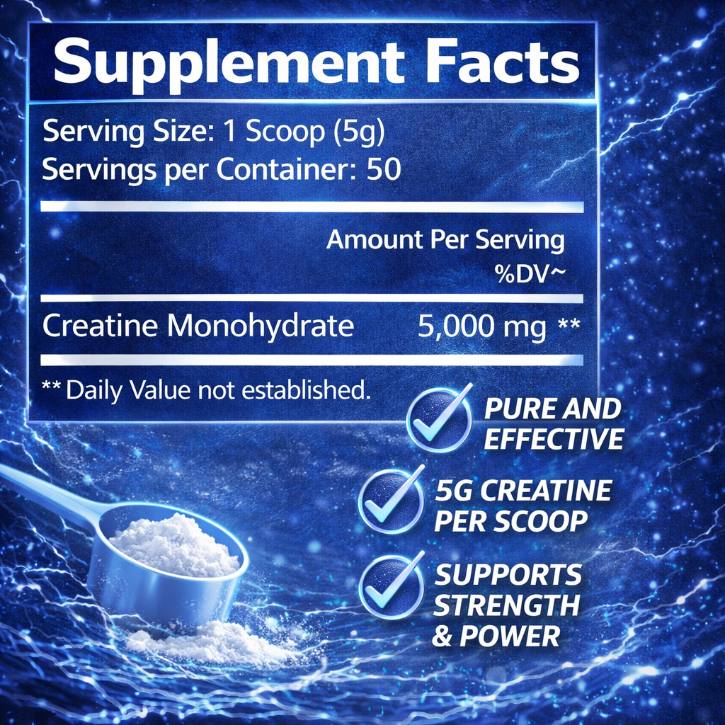 Supplement facts label for creatine monohydrate with a blue background and scoop of powder.