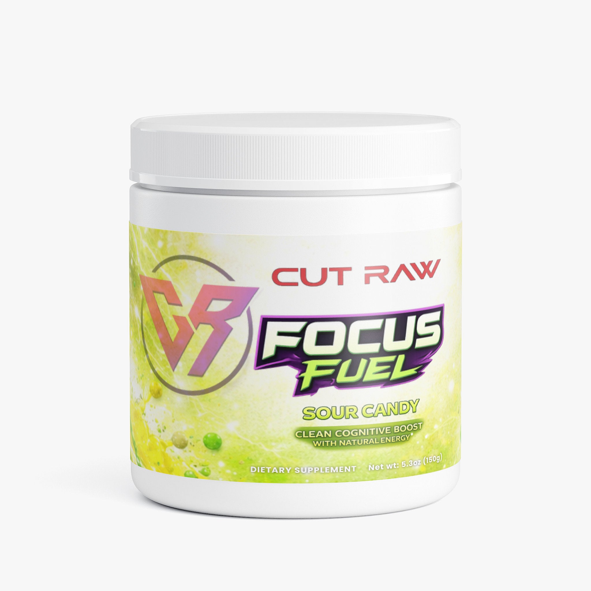 Nootropics and Energy supplement Container of Cut Raw Focus Fuel Sour Candy supplement on a white background