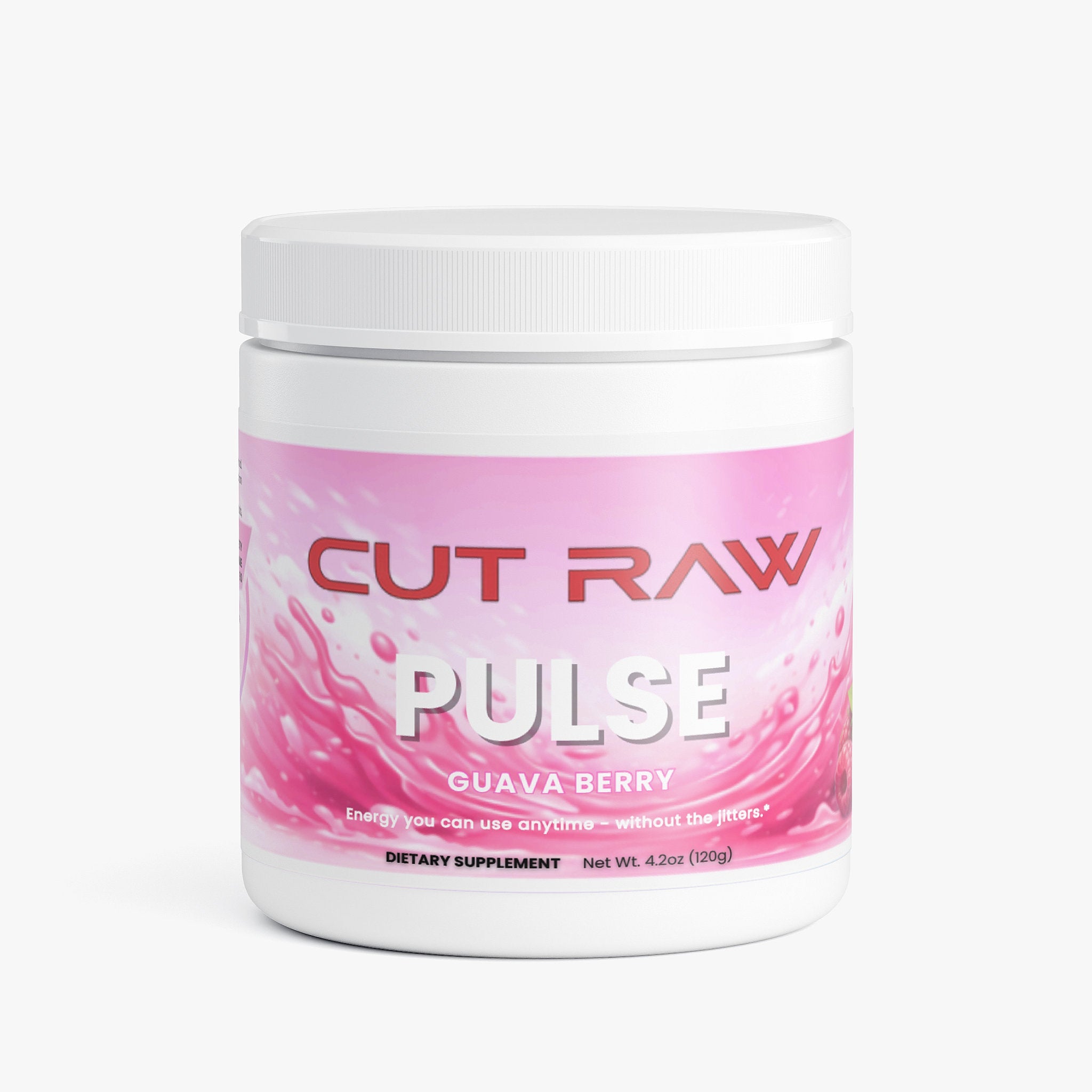 Supplement container of an Energy Drink Powder labeled 'Cut Raw Pulse Guava Berry' on a white background. 