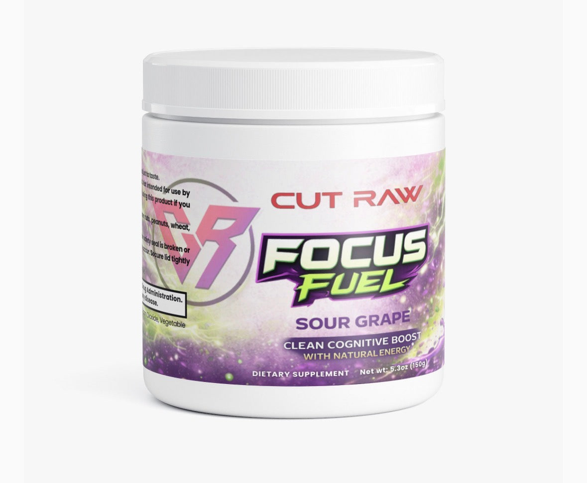 Nootropic Supplement Container of Cut Raw Focus Fuel Sour Grape supplement on a white background