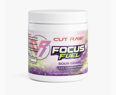 Nootropic Supplement Container of Cut Raw Focus Fuel Sour Grape supplement on a white background