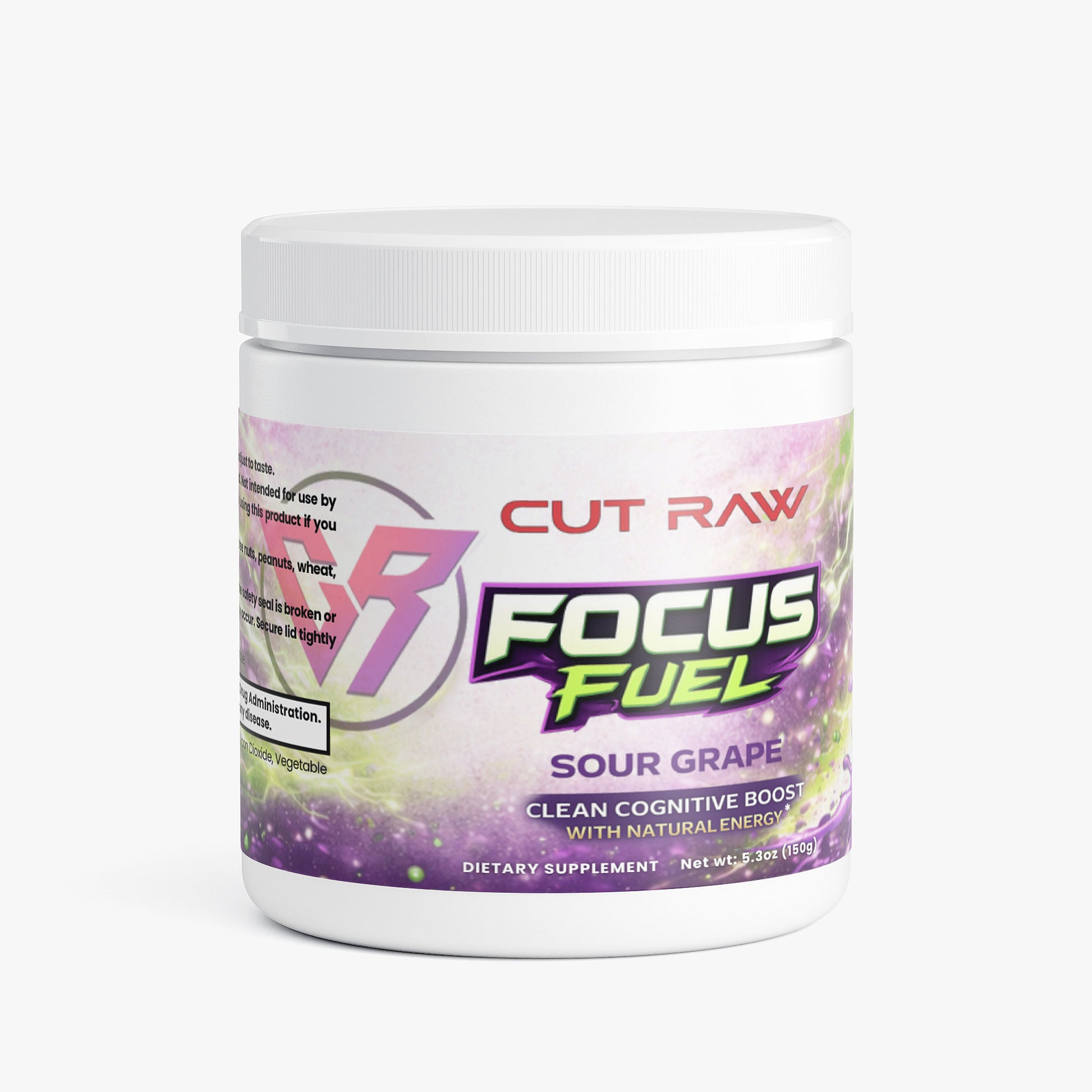 Nootropics and Energy Supplement container labeled 'Focus Fuel' by Cut Raw on a white background