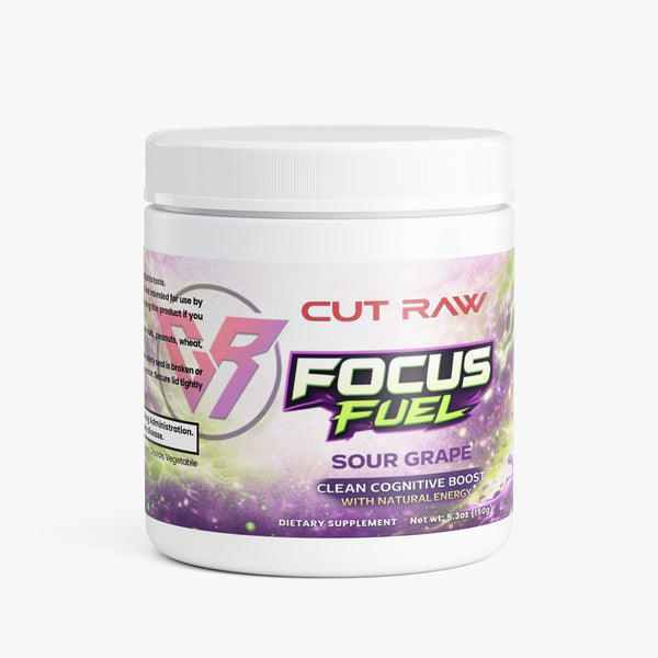 Nootropics and Energy Supplement container labeled 'Focus Fuel' by Cut Raw on a white background